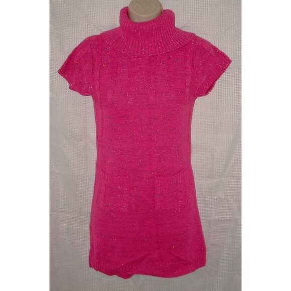 Unbranded Other - Girls Sz 14/16 Sparkly Pink Short Sleeve Stretchy Sweater Dress Front Pockets